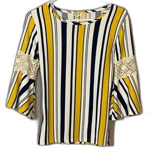 HEY Collection Women's Small Striped Bell Sleeve Top Lace Accent Yellow Navy Wht